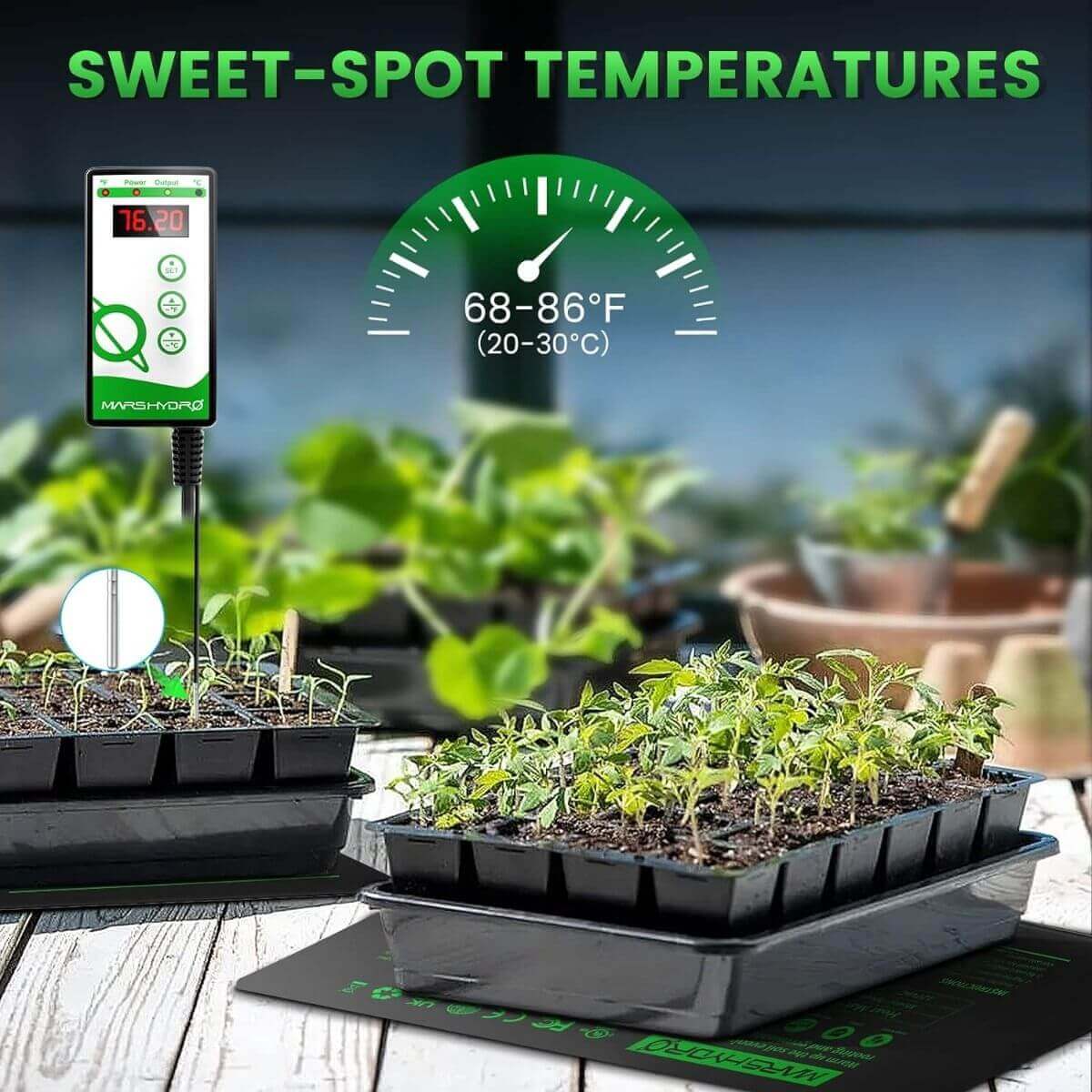 Mars Hydro seedling heat mat with digital thermometer, showing optimal temperatures for healthy plant growth.