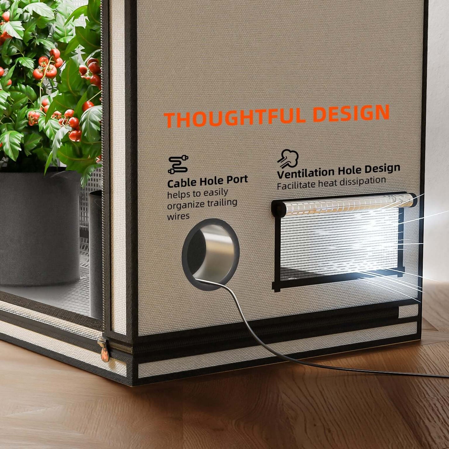 Close-up view of the Spider Farmer grow tent design, featuring cable hole port and ventilation hole for optimal plant care.