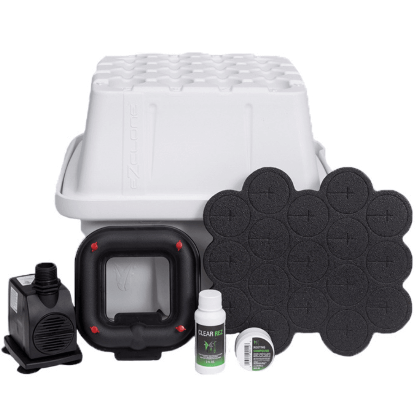 EZ-Clone 16 Low Pro System in white with components including aeroponic sprayer, foam inserts, and nutrient bottles.