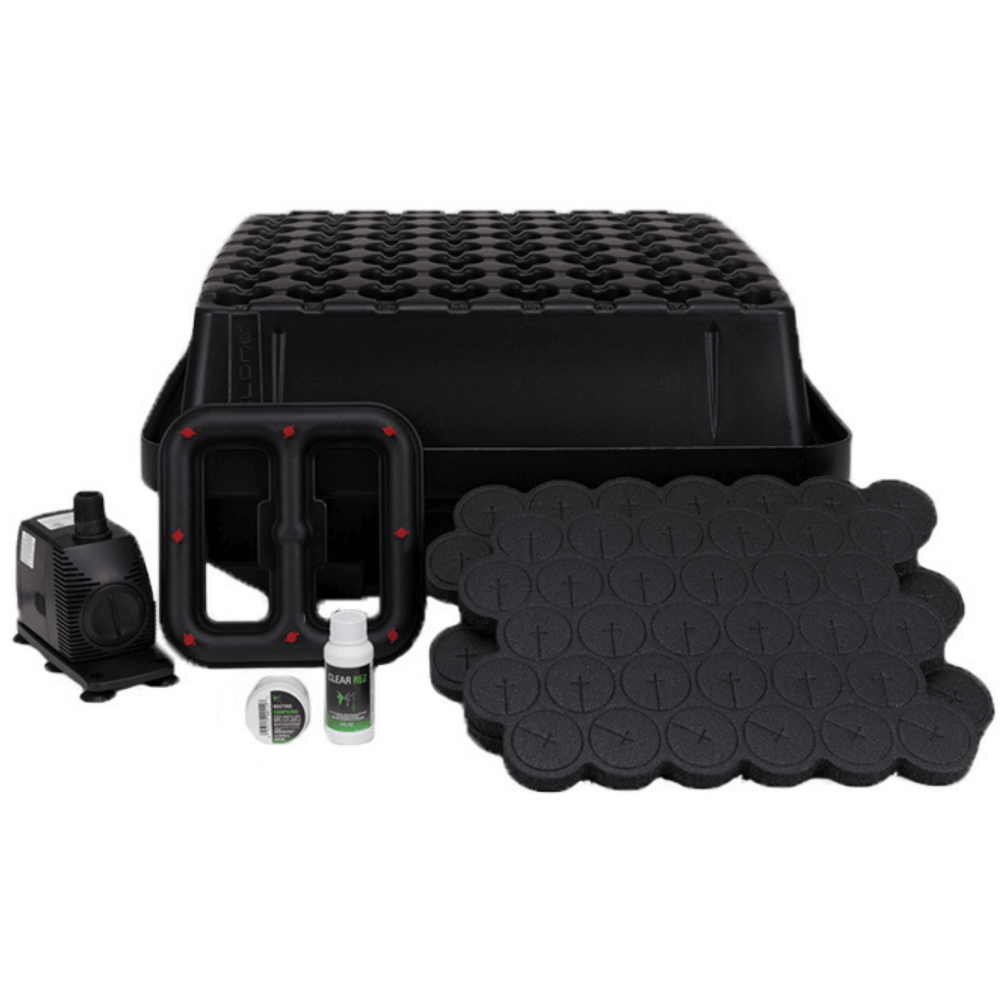 EZ-Clone 64 Low Pro System in black with components including plant base, pump, and misting equipment for aeroponic cloning.