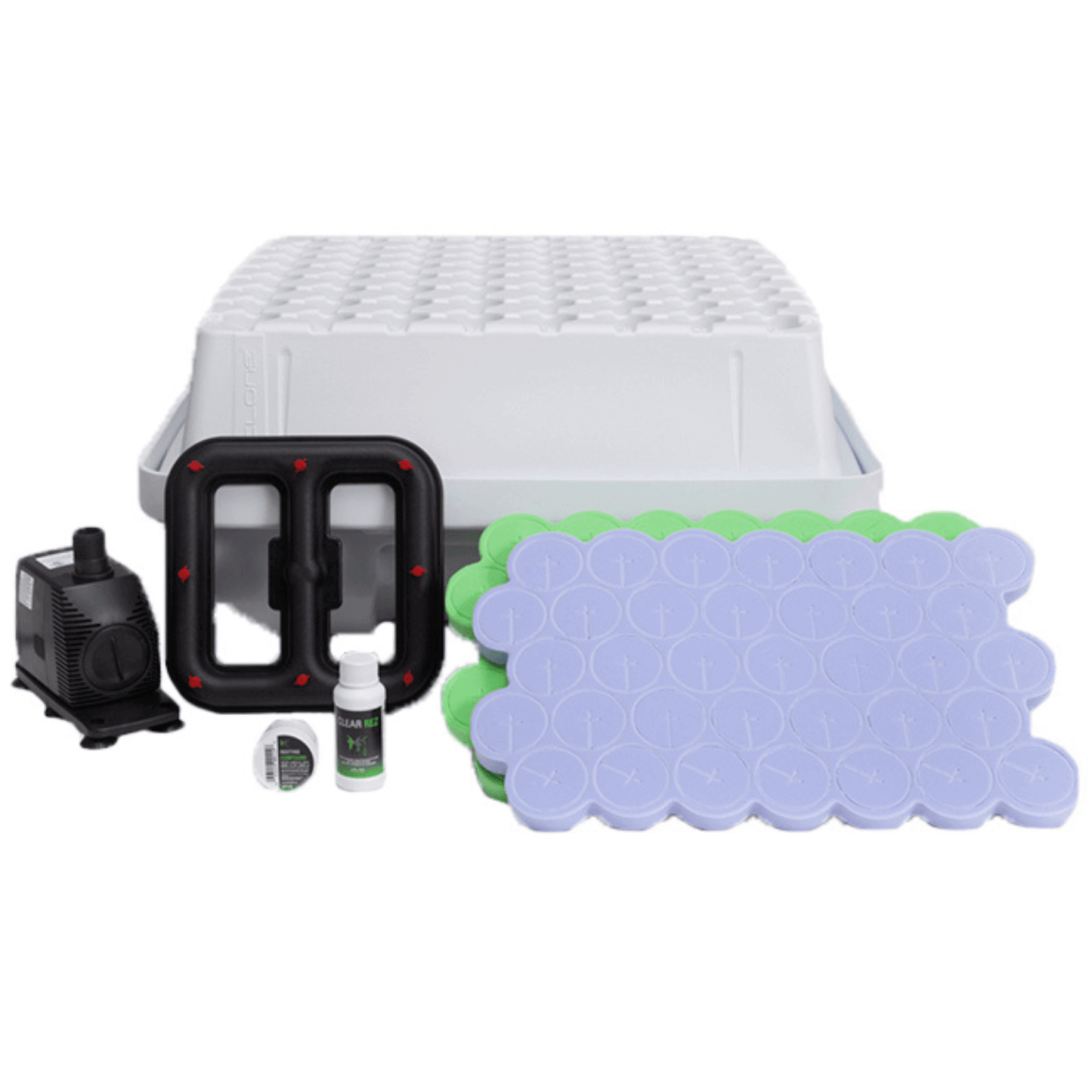 EZ-Clone 64 Low Pro white aeroponic cloning system with accessories including pump, lid, and plant trays.