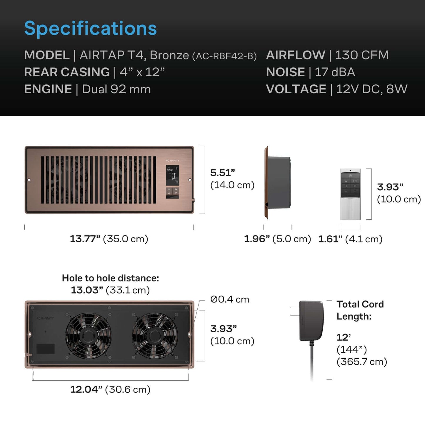 AC Infinity AIRTAP T4 Quiet Register Booster Fan System Brown Bronze product image 6