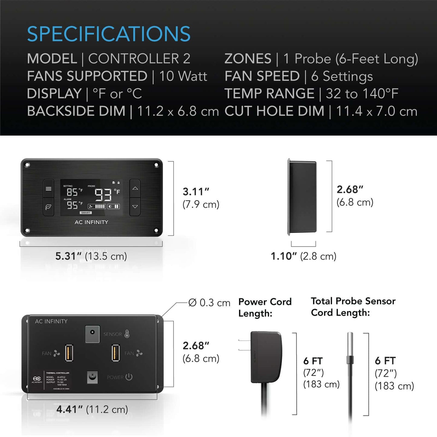 AC Infinity CONTROLLER 2 Intelligent Thermal Fan Controller Single product image 6