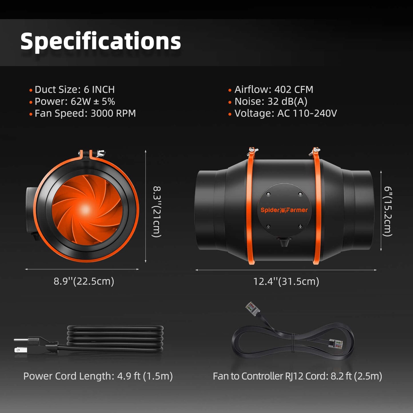 Specifications of Spider Farmer 6" Inline Fan with air flow, power, and fan speed details.