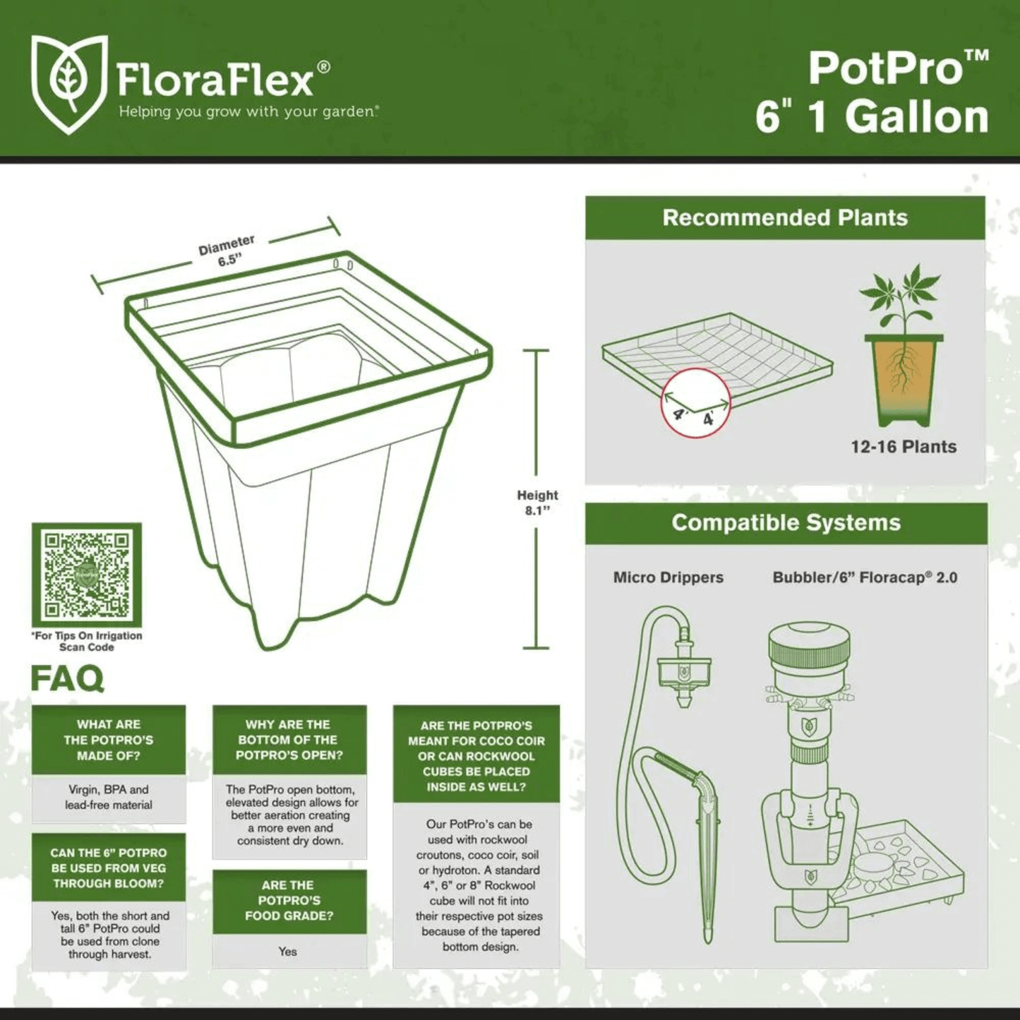 FloraFlex PotPro 6" Tall 1 Gallon Pot, plant setup guide with recommended systems and FAQ for optimal gardening solutions.