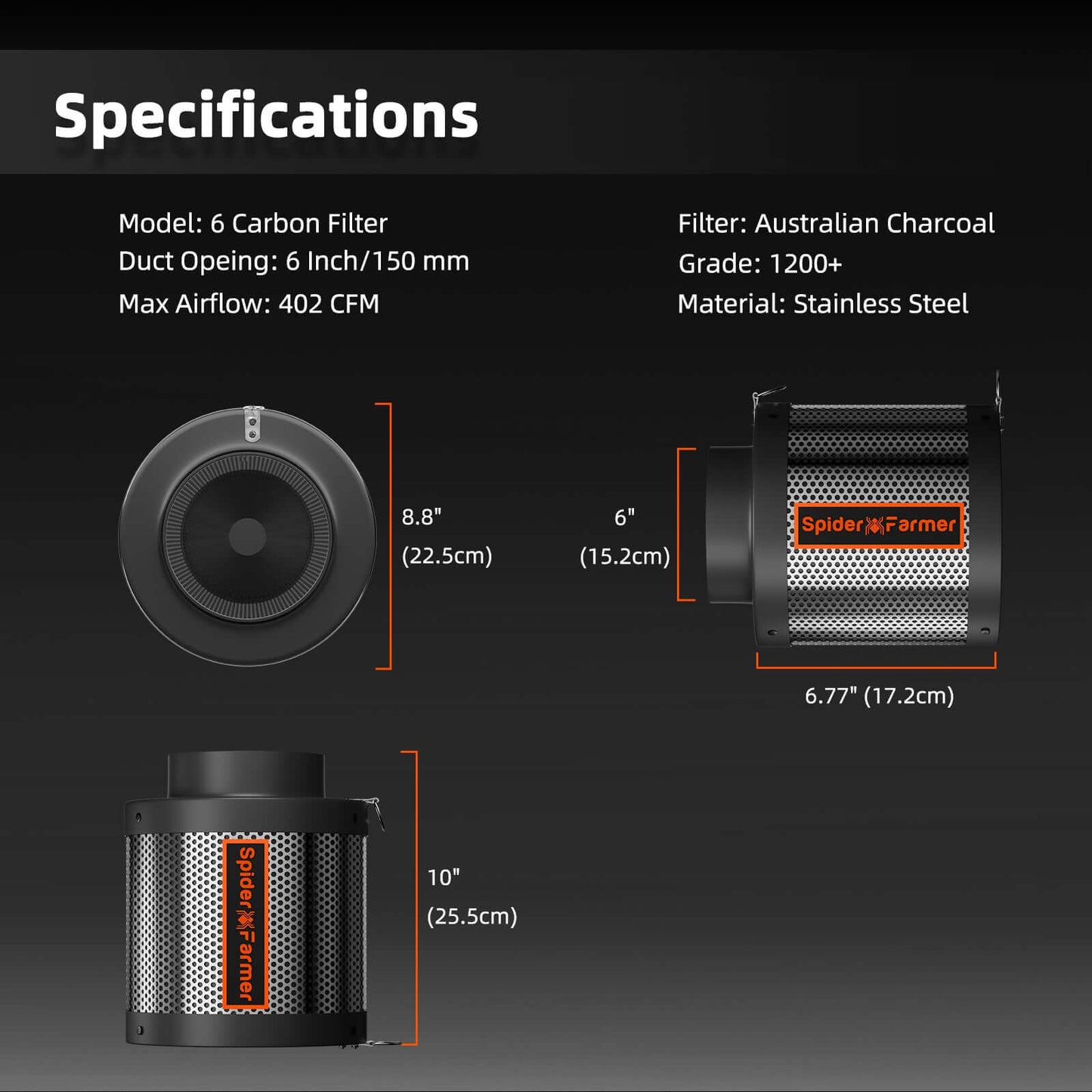 Specifications of Spider Farmer 6" Carbon Filter with Australian Charcoal, 402 CFM airflow, and stainless steel design.