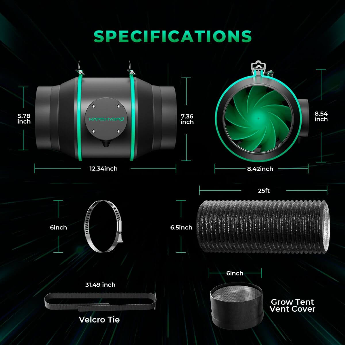 Specifications of iFresh inline fan, including dimensions and components for optimal indoor growing.