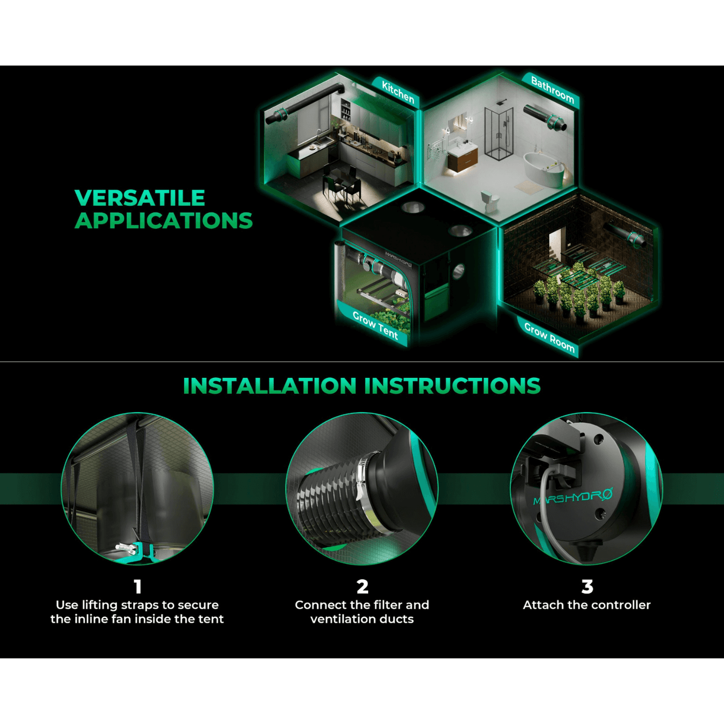 Installation instructions for Mars Hydro 4" Smart Inline Duct Fan showcasing versatile applications.