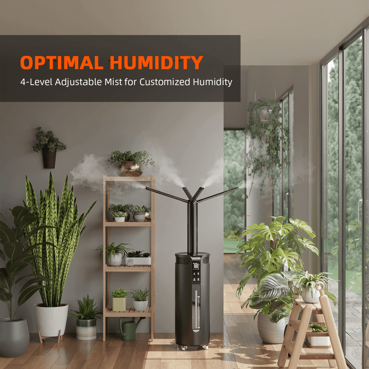 Spider Farmer Cool Mist Humidifier in plant-filled room with adjustable mist feature for optimal humidity in large-scale setups.