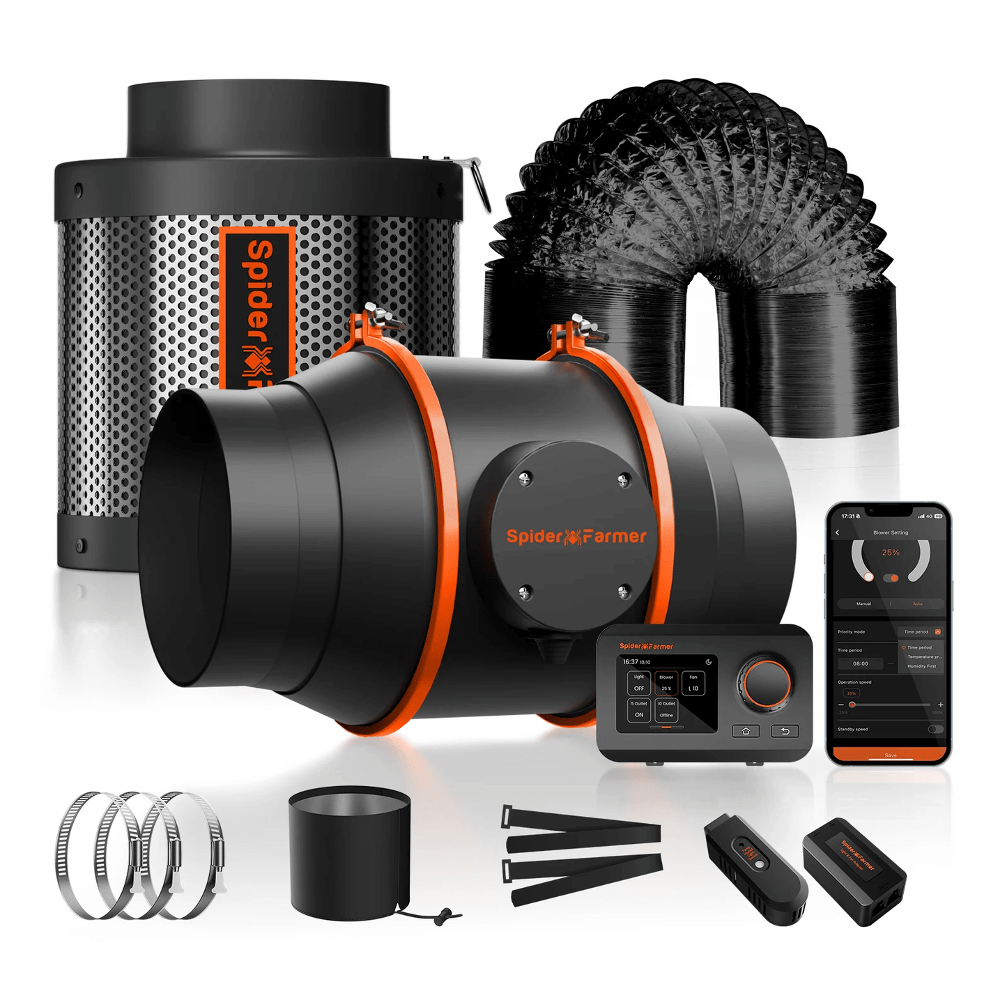 Spider Farmer 6" inline fan kit with temperature controller, ducting, and accessories for optimal grow room ventilation.