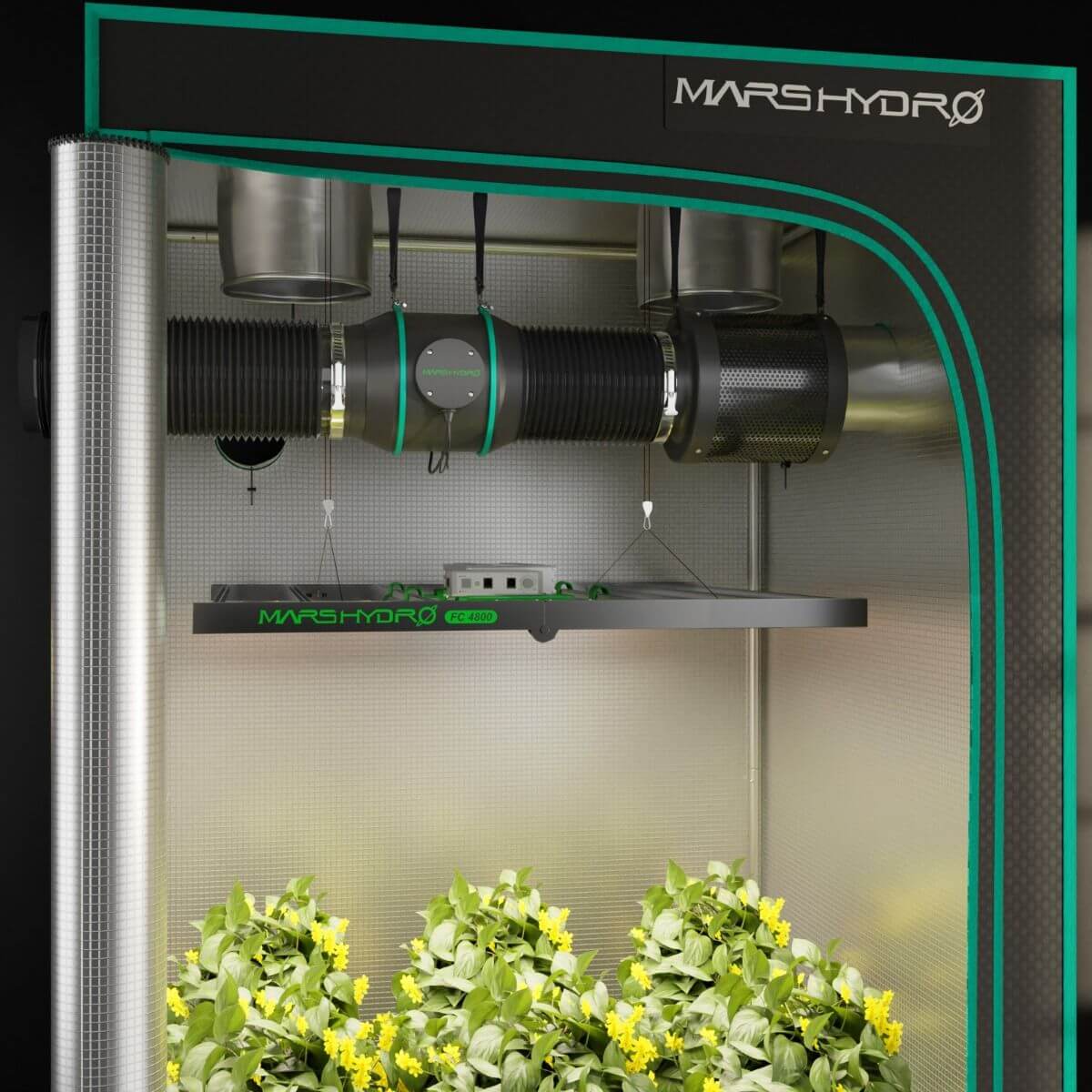Mars Hydro 6" inline duct fan and carbon filter combo in a grow tent with healthy plants.