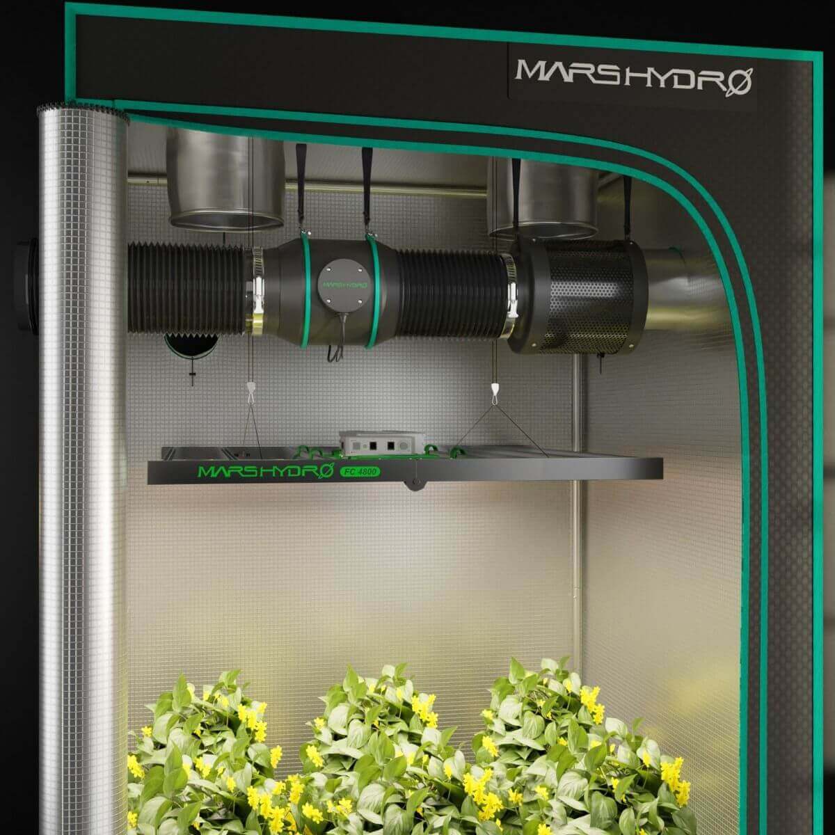 Mars Hydro 6" inline duct fan and carbon filter combo in a grow tent with healthy plants.