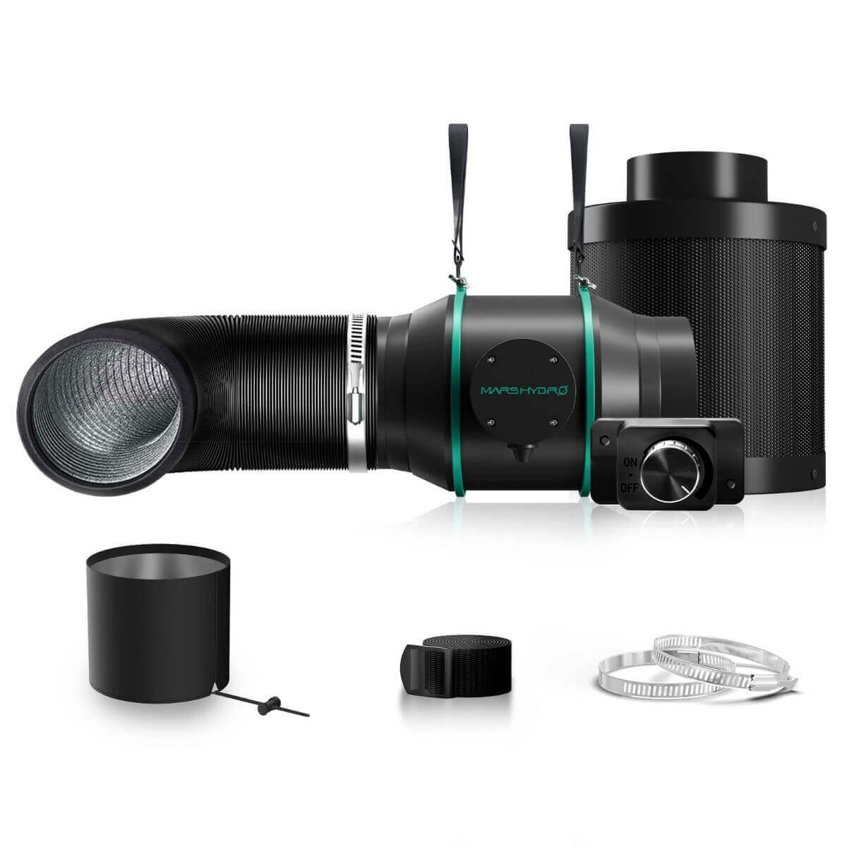 Mars Hydro 6" inline duct fan and carbon filter combo, includes speed controller and ventilation accessories.