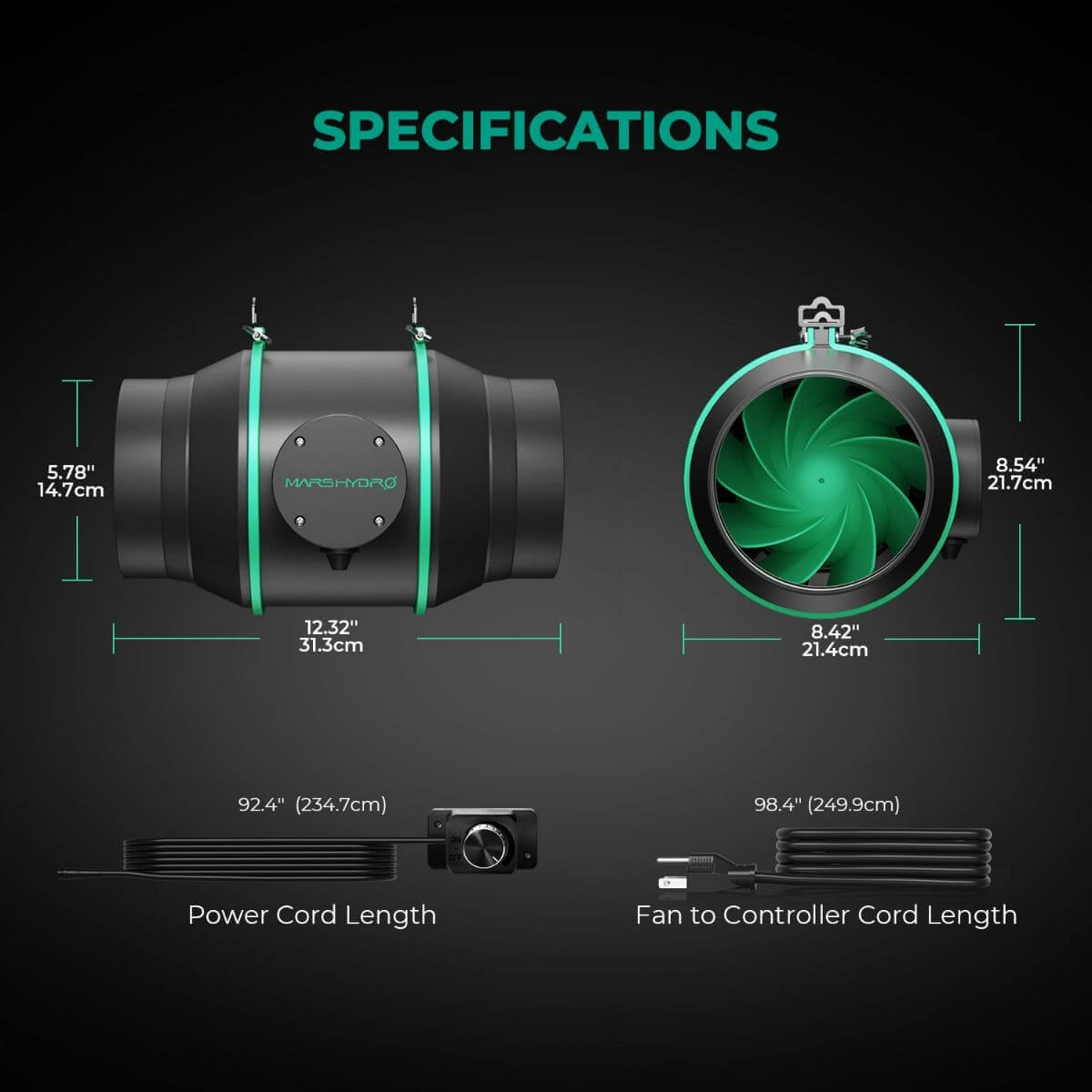 Mars Hydro 6" inline duct fan specifications including size, power cord, and fan-to-controller cord lengths.