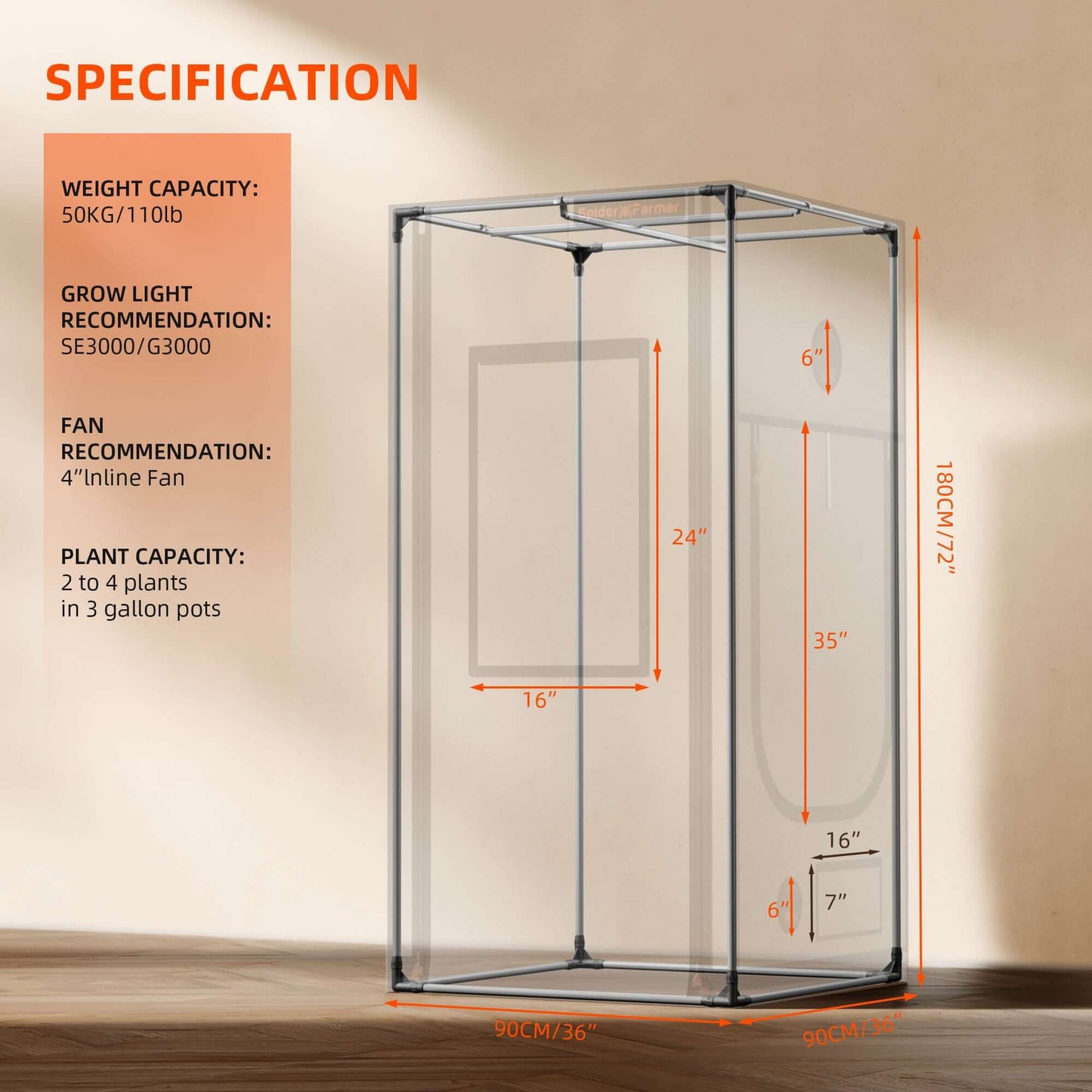 Specification details for Spider Farmer 3'x3'x6' indoor grow tent showing dimensions and capacity.