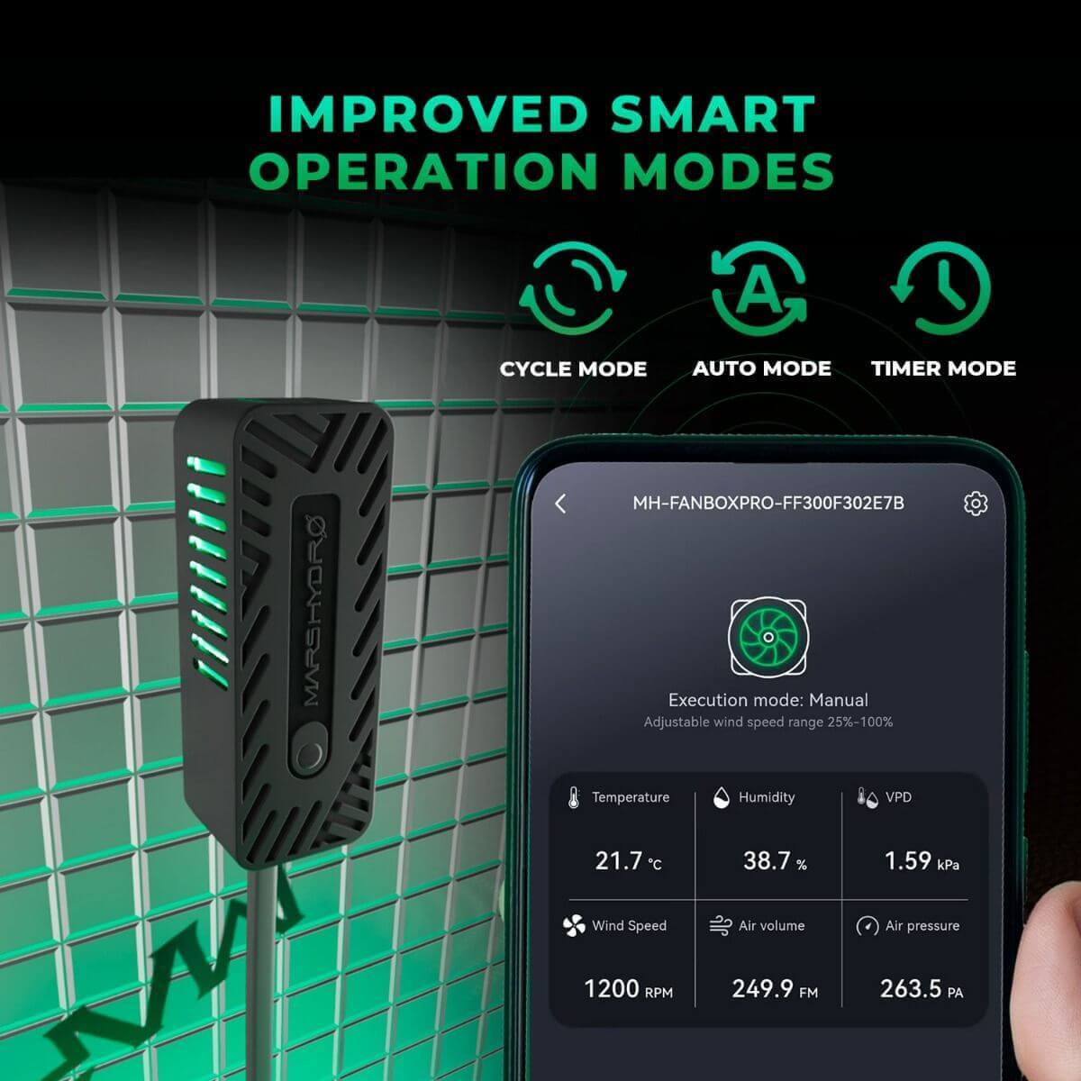 Mars Hydro smart fan controller with cycle, auto, and timer modes displayed on smartphone screen.
