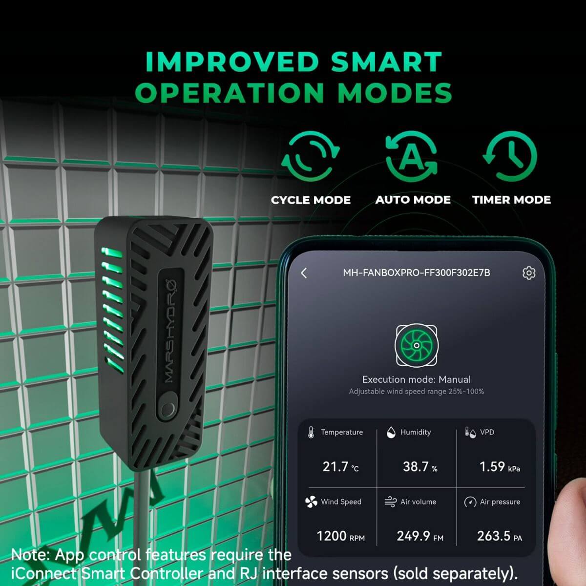 Mars Hydro Smart Controller with app interface showing cycle, auto, and timer modes for duct fan operation.