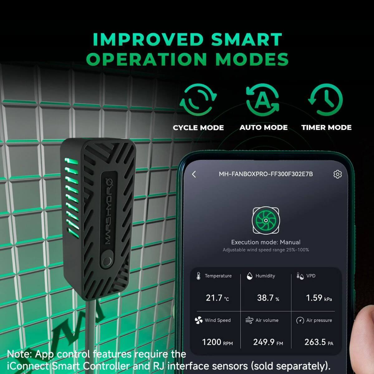 Mars Hydro Smart Controller with app interface showing cycle, auto, and timer modes for duct fan operation.
