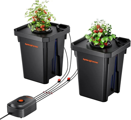 Spider Farmer Deep Water Culture hydroponics grow system with top drip kit and two bucket setup for efficient gardening.