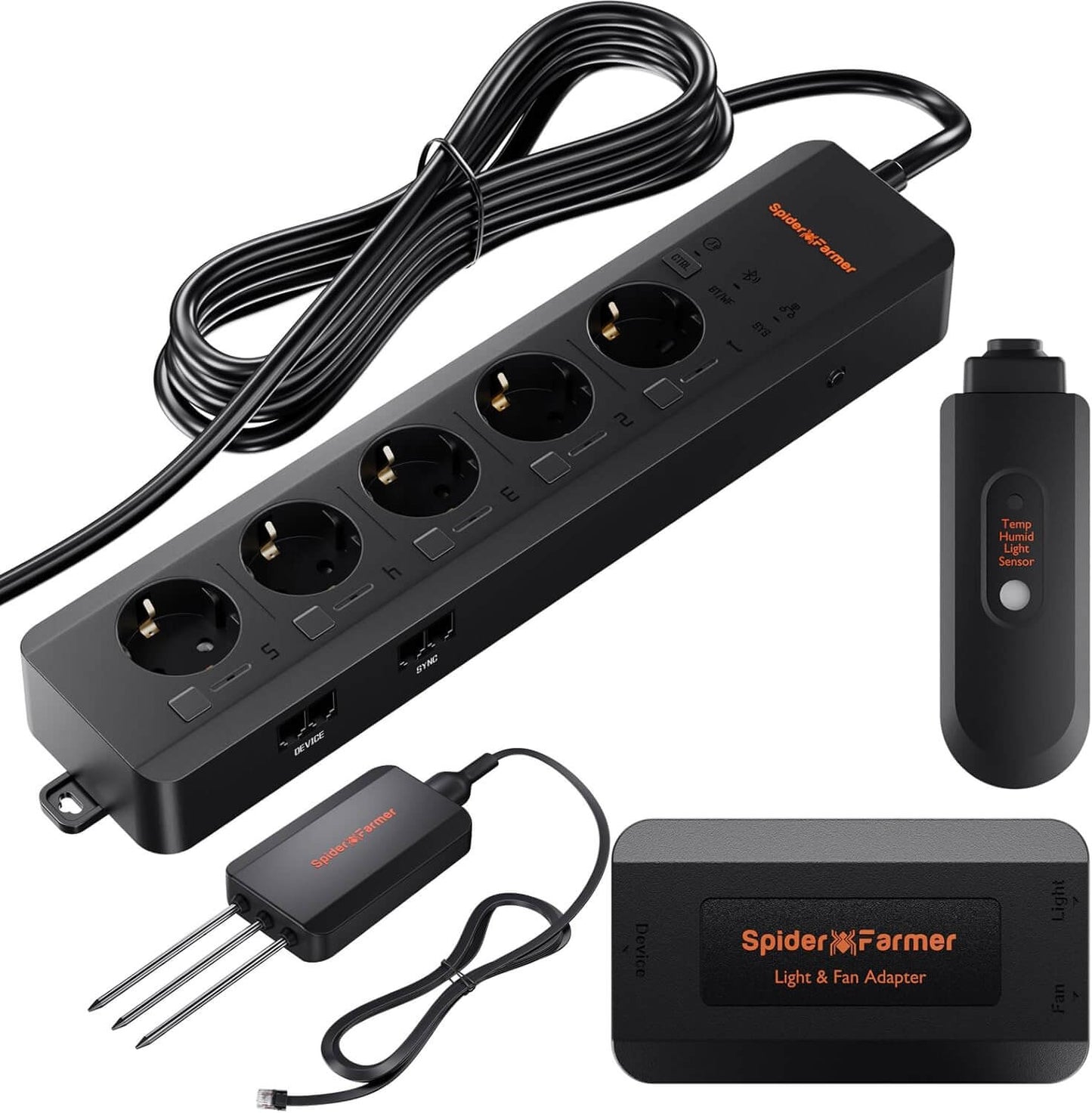 Spider Farmer GGS AC5 Power Strip with 5 outlets, soil sensor, temp/humidity sensor and adapter.