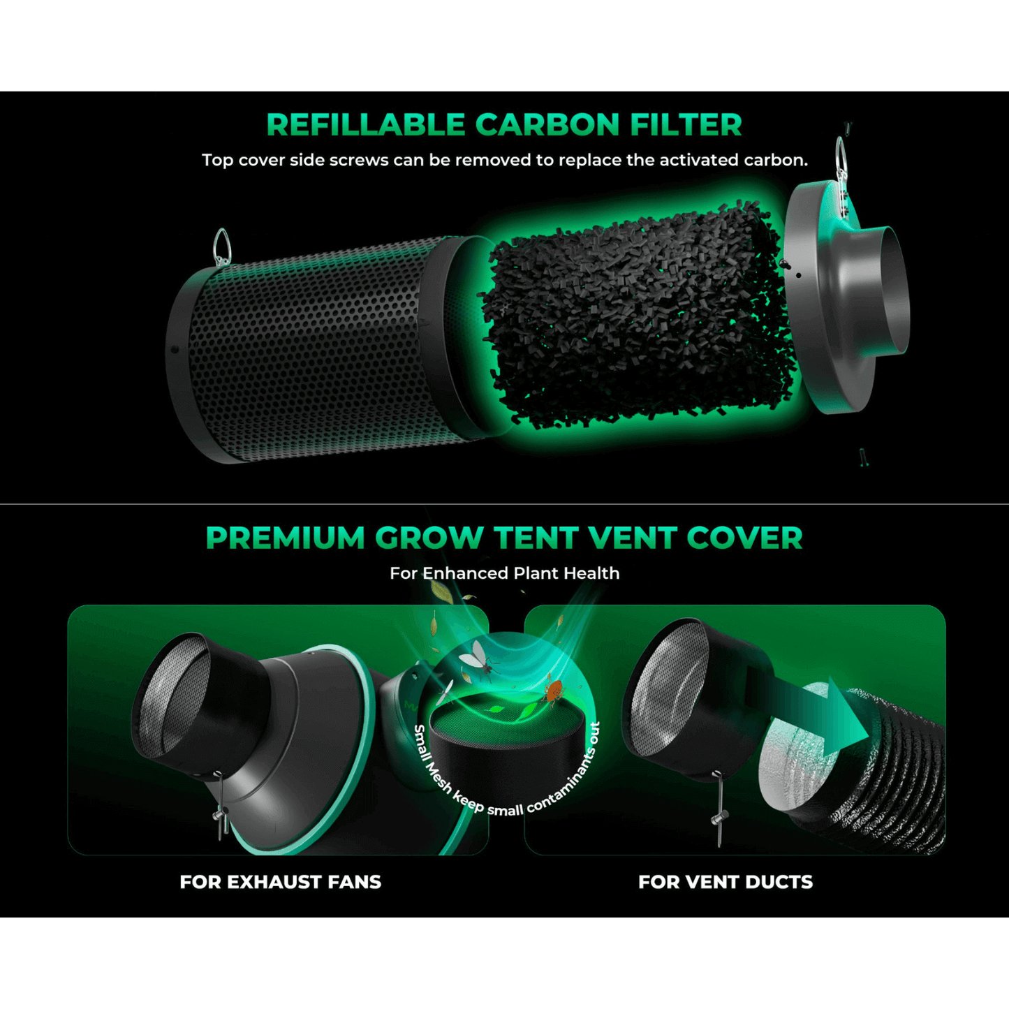 Reusable carbon filter and premium grow tent vent cover for effective ventilation and plant health.