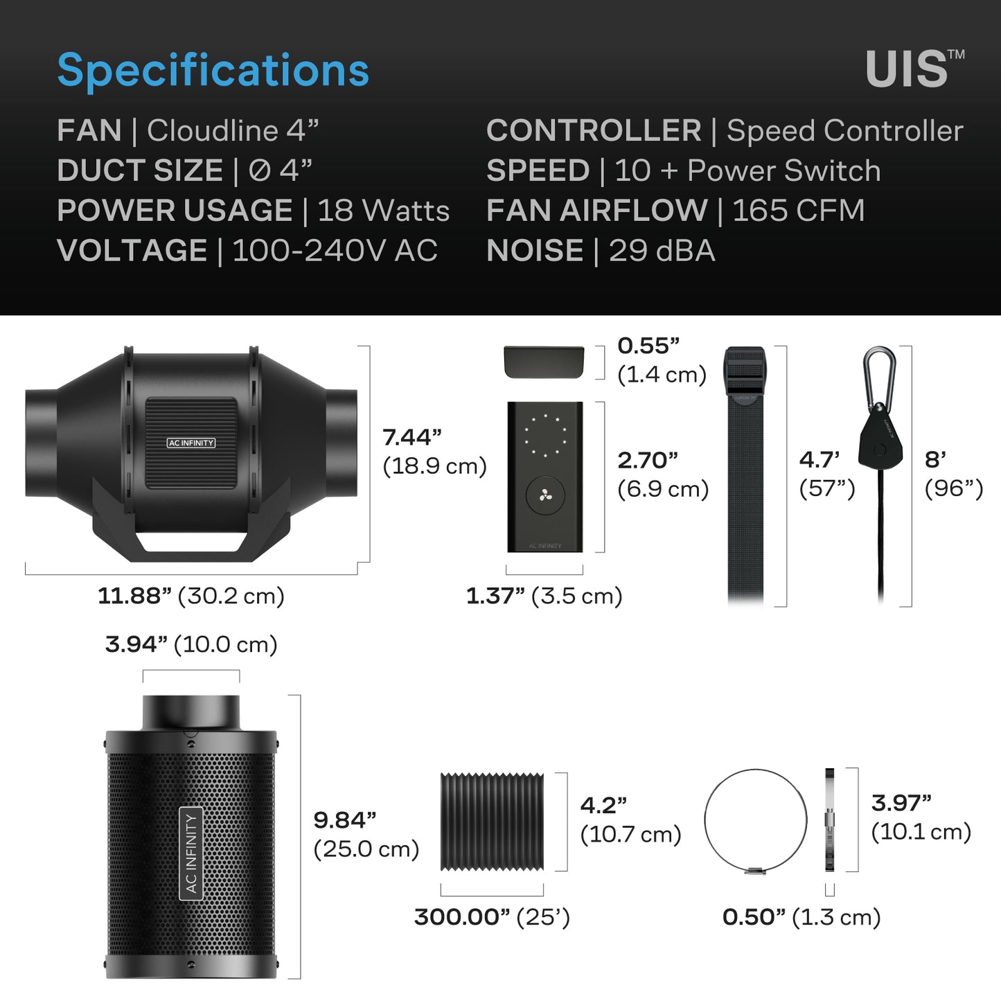 AC Infinity Air Filtration Kit 4", Inline Fan with Speed Controller, Carbon Filter & Ducting Combo