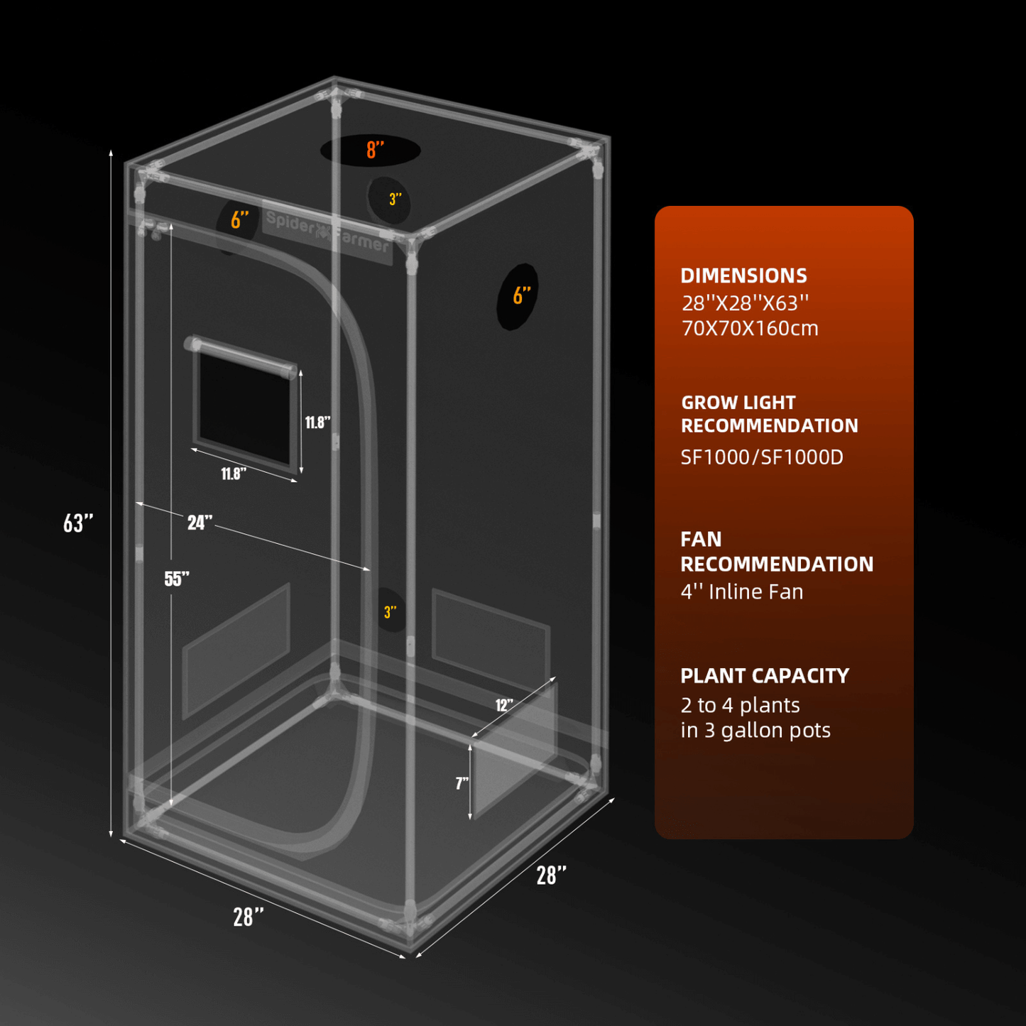 Spider Farmer 2' 4" x 2' 4" x 5' 4" (70 x 70 x 160 cm) Indoor Grow Tent