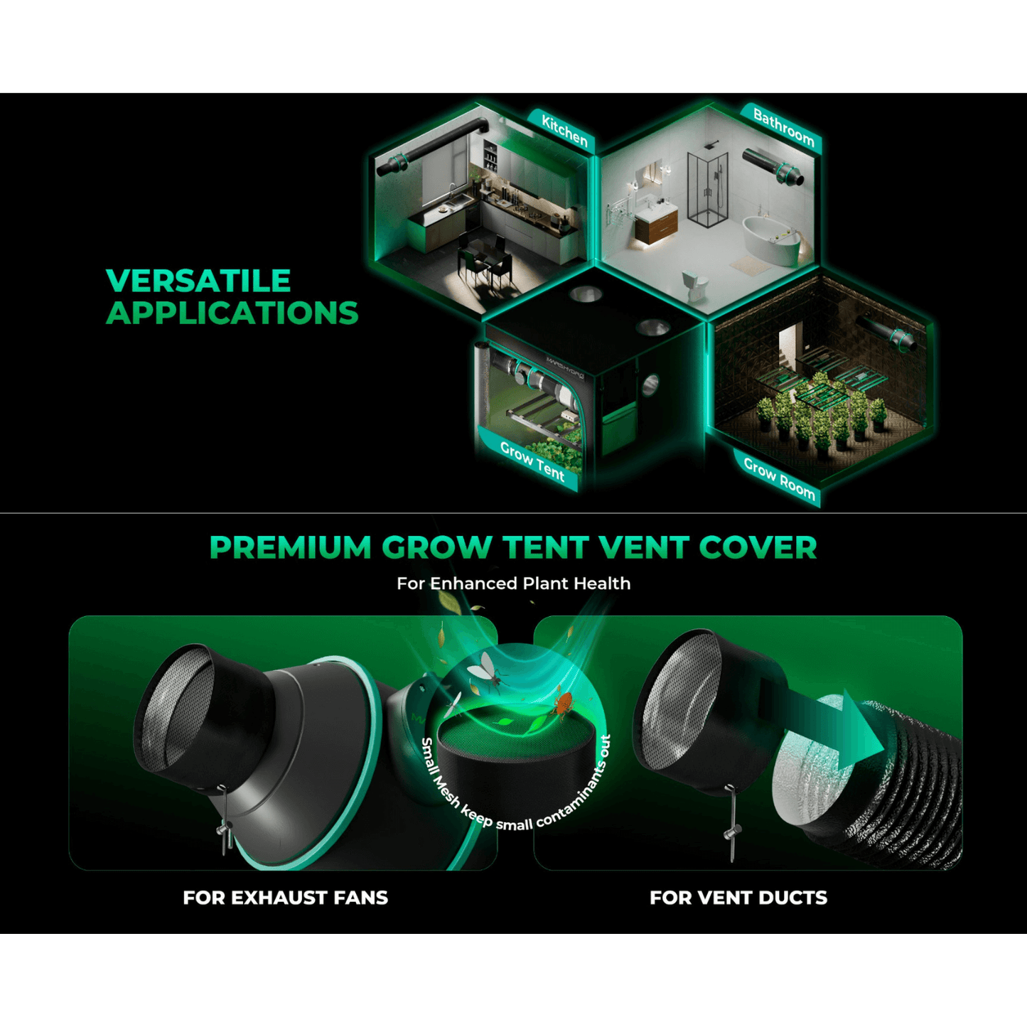 Mars Hydro versatile applications for grow tent ventilation and air management in various environments.