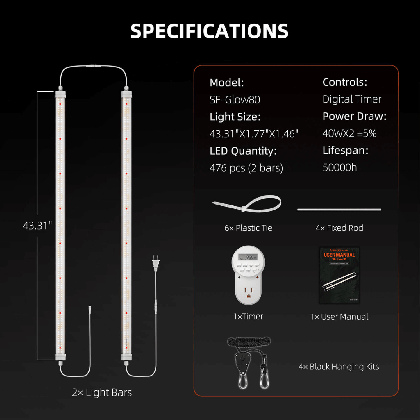 Specifications of Spider Farmer Glow80 80W LED Grow Light with digital timer, 476 LEDs, and accessories including timer and hanging kits.