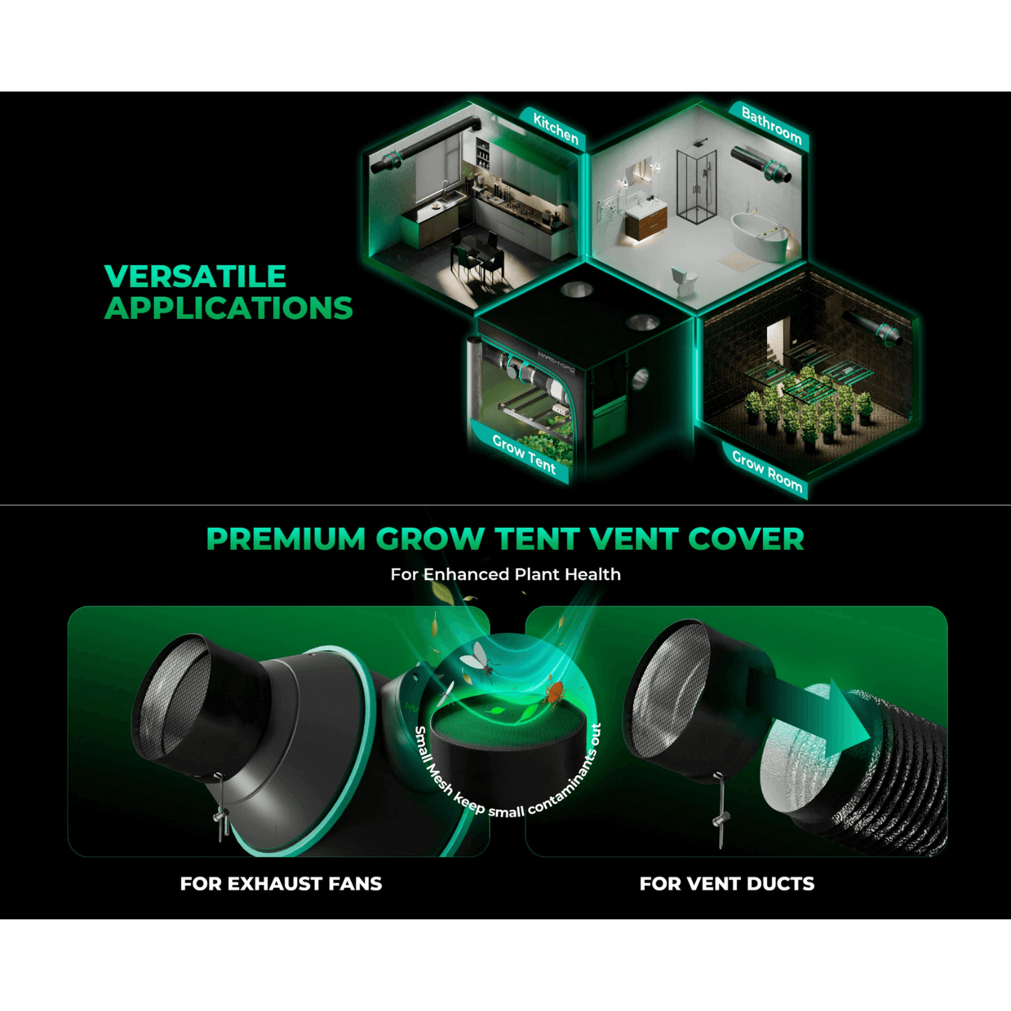 Mars Hydro versatile applications for grow tent ventilation and air management in various environments.