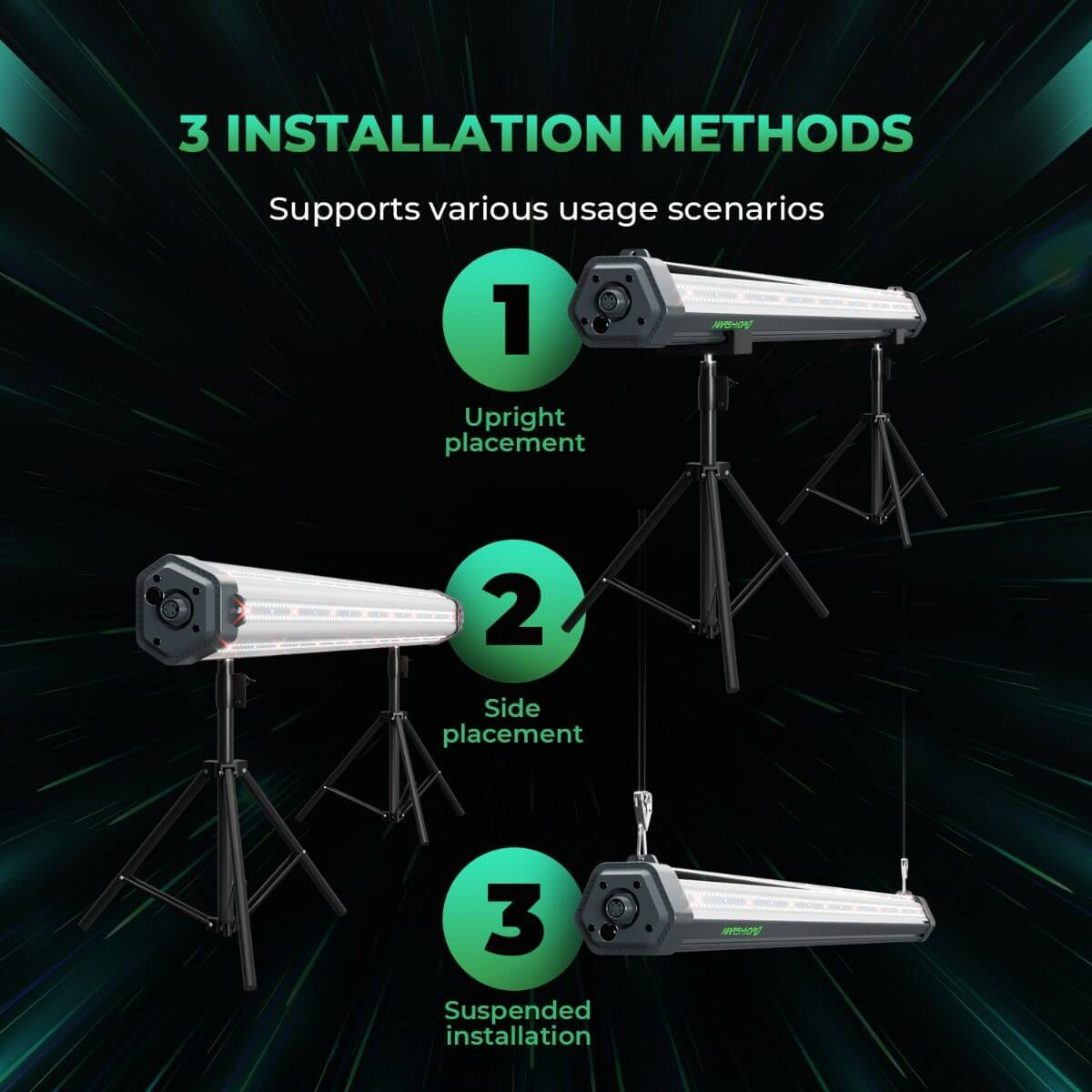 Three installation methods for Mars Hydro ADlite-100 LED grow light: upright, side, and suspended placements.
