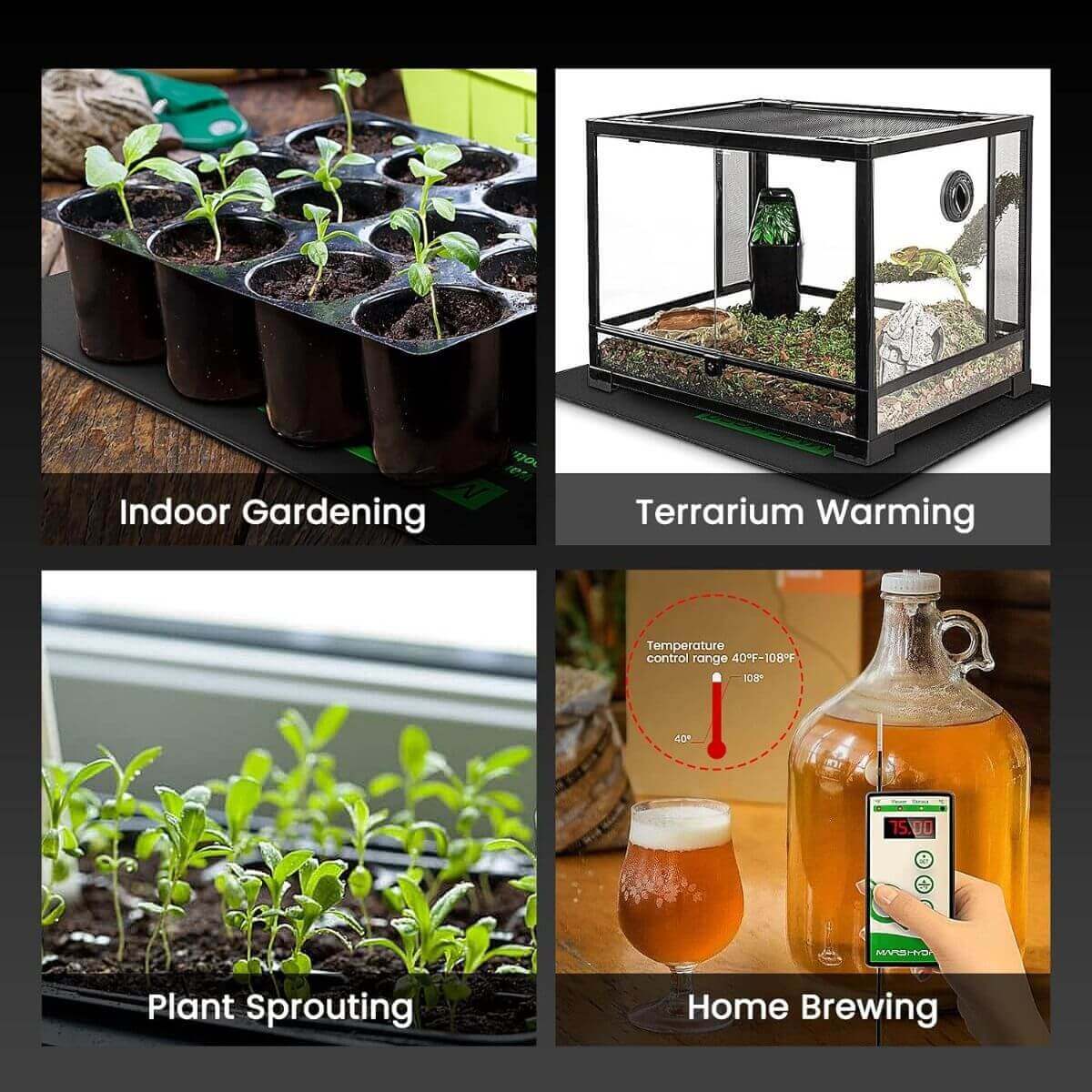 Collage of indoor gardening, terrarium warming, plant sprouting, and home brewing using Mars Hydro heat mat.