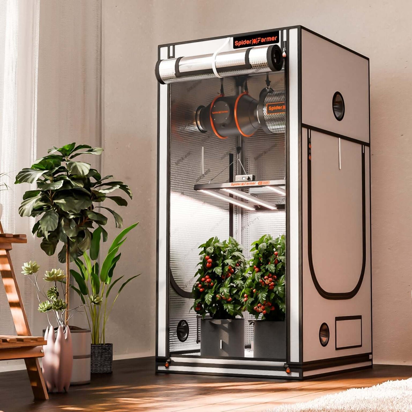 Spider Farmer 3' x 3' x 6' white indoor grow tent with plants and a stylish design in a modern room.