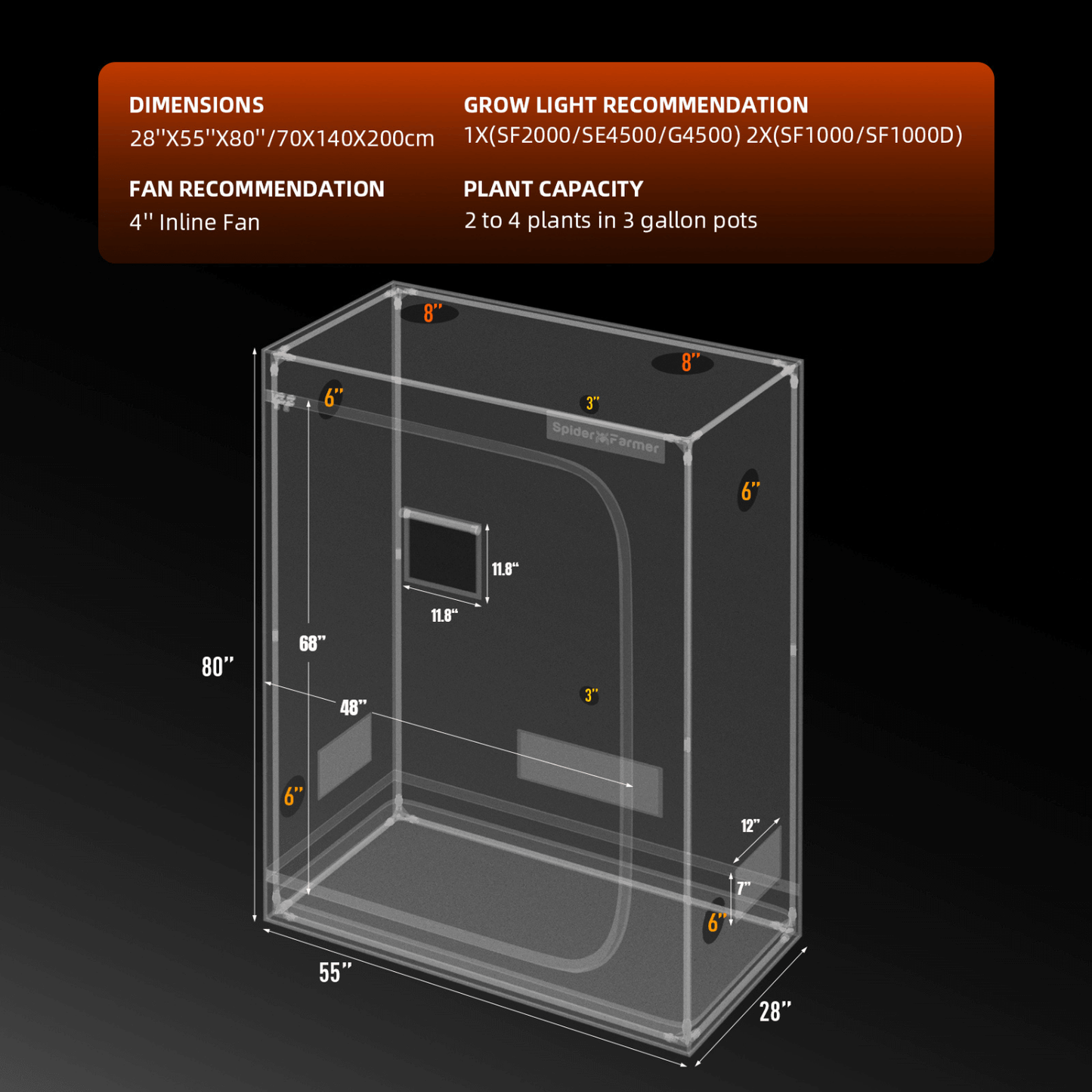 Spider Farmer 4' 8" x 2' 4" x 6' 8" (140 x 70 x 200 cm) Indoor Grow Tent