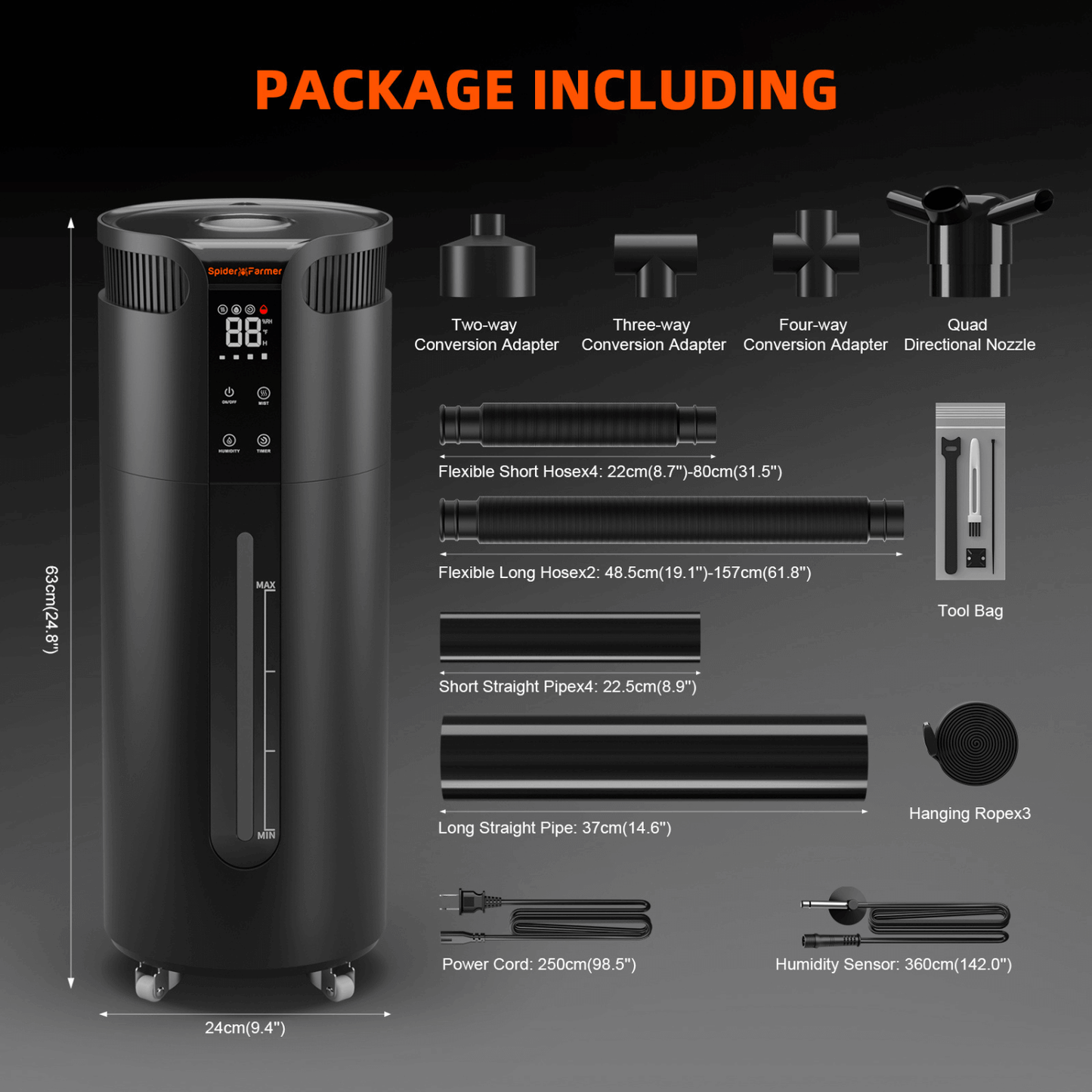 "Spider Farmer Cool Mist Humidifier 16L with accessories, adapters, hoses, tool bag, sensor, and detailed measurements for plant projects"