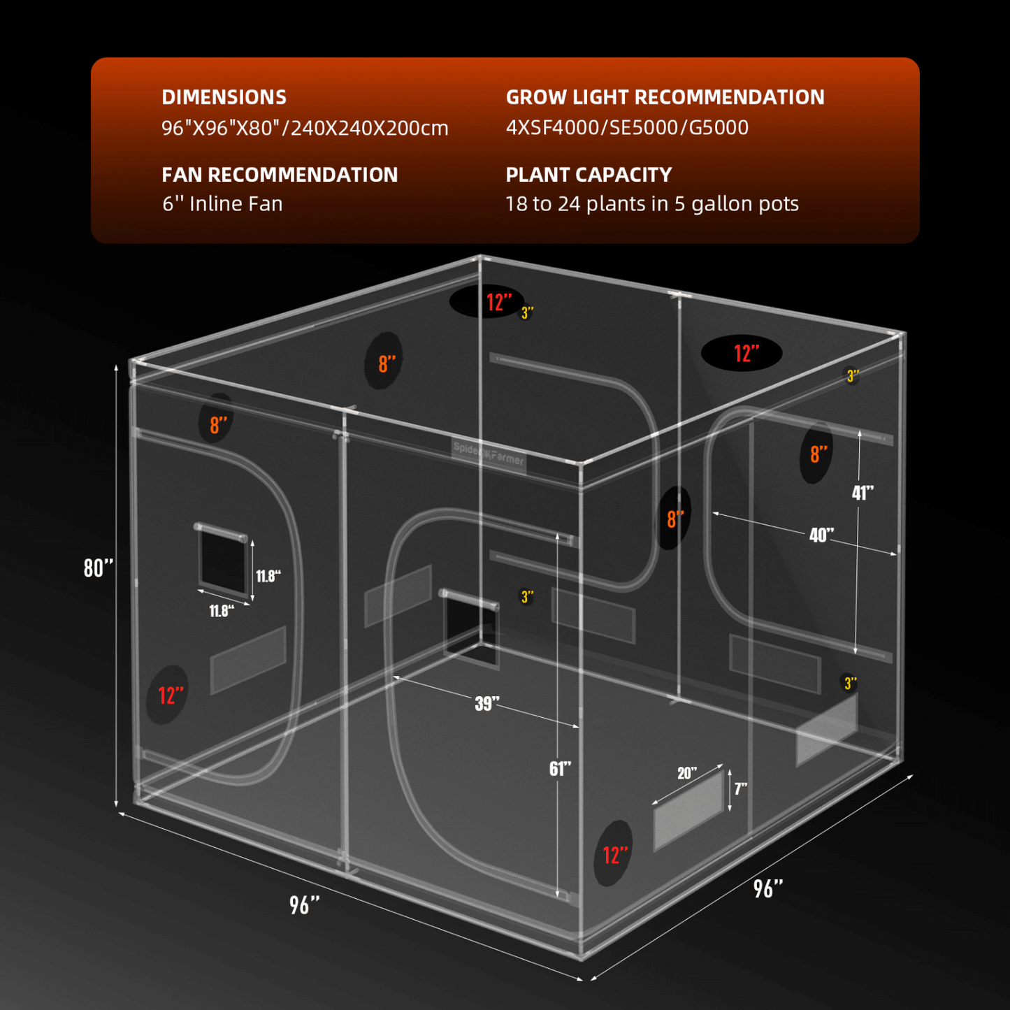 Spider Farmer 8' x 8' x 6' 8" (240 x 240 x 200 cm) Indoor Grow Tent