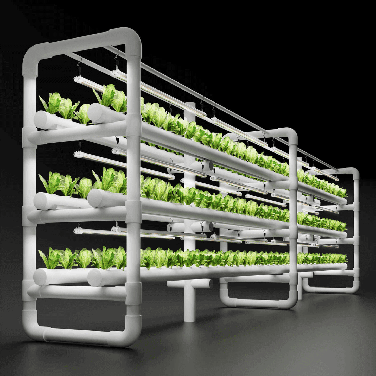 Vertical hydroponic garden with LED grow lights on modern plant stand showcasing lush green plants.