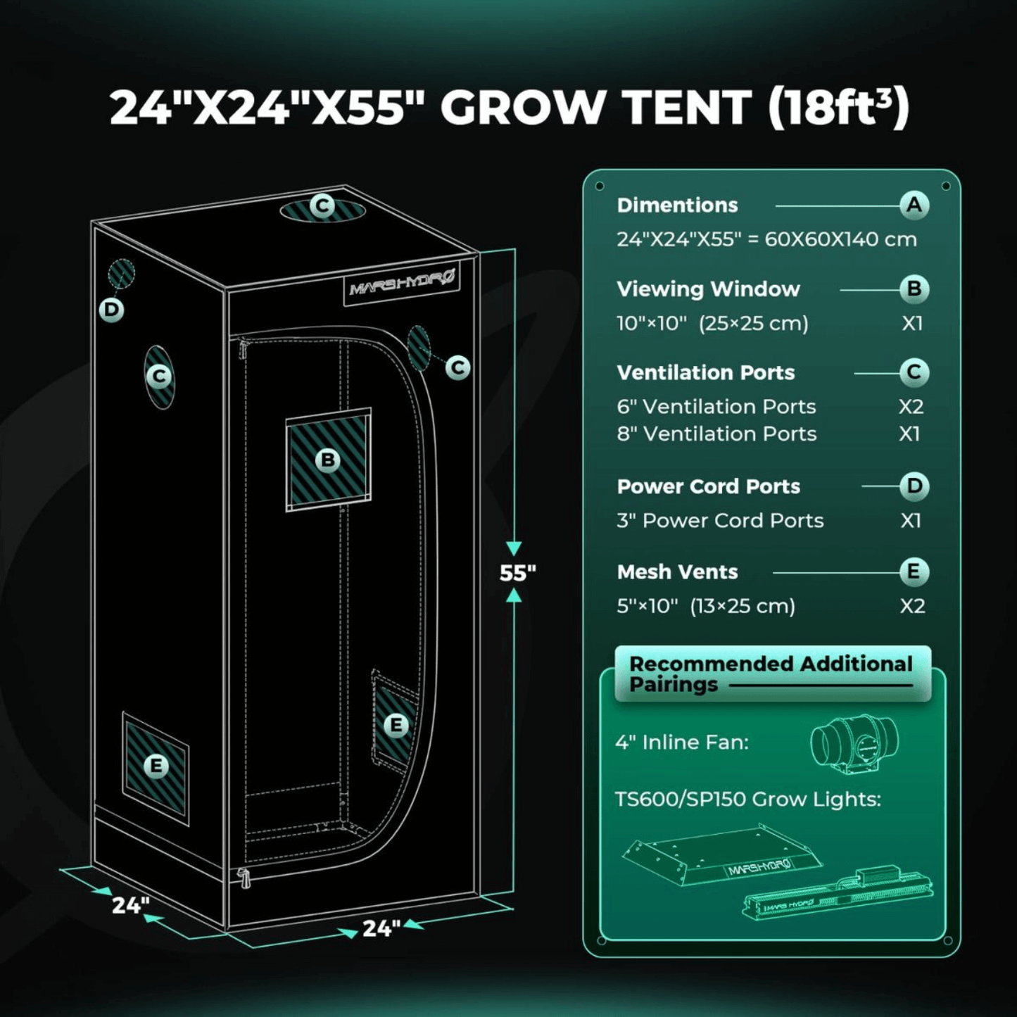 Mars Hydro TS 600 LED Grow Light + 2' x 2' Grow Tent + Inline Fan Combo with Speed Controller