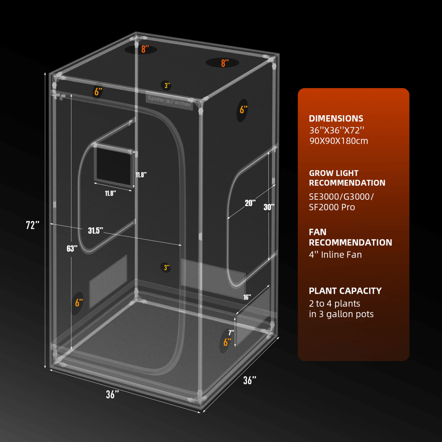 Spider Farmer 3' x 3' x 6' 1" (90 x 90 x 180 cm) Indoor Grow Tent