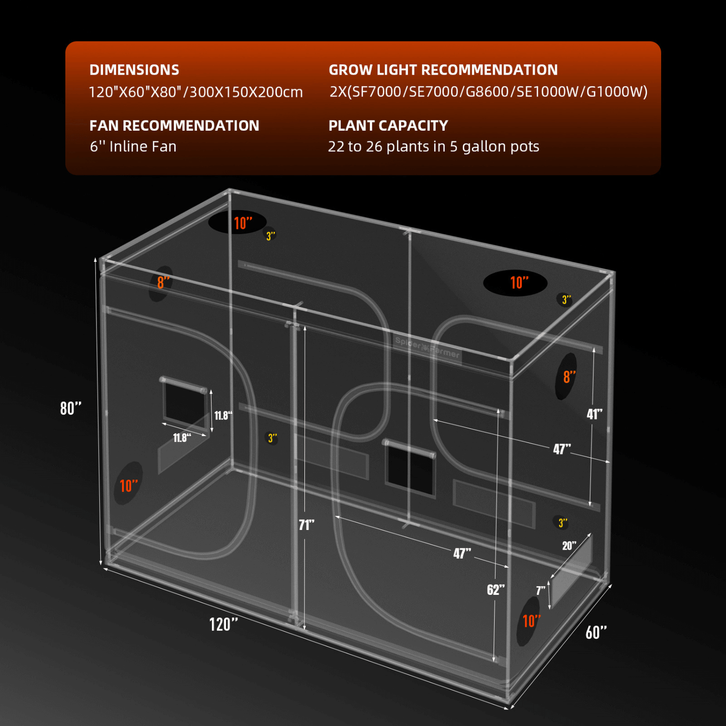 Spider Farmer 5' x 10' x 6' 8" (150 x 300 x 200 cm) Indoor Grow Tent