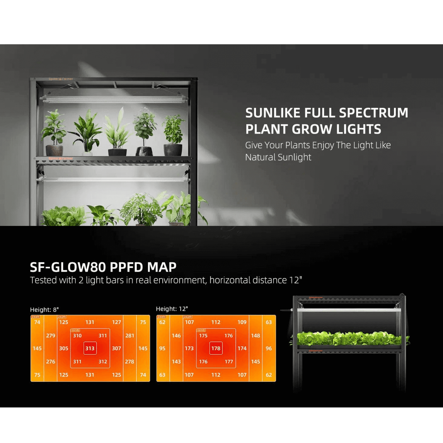 Spider Farmer Glow80 LED grow light with plant stand and PPFD map showcasing sunlike full spectrum for optimal plant growth.