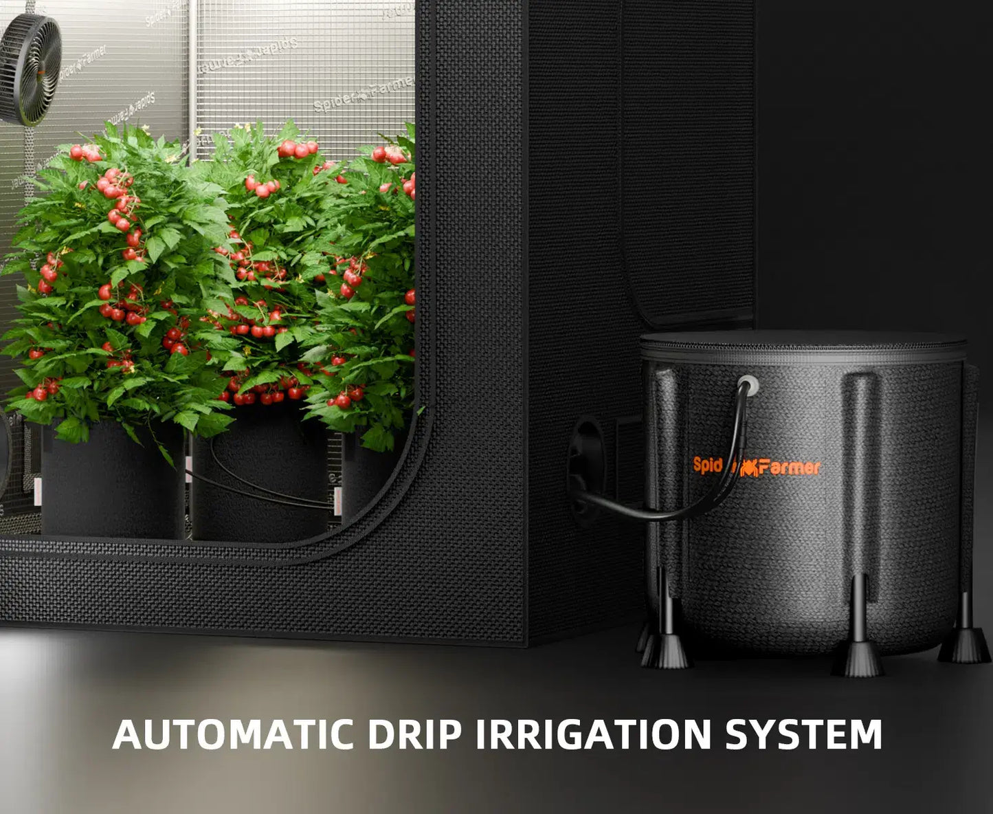 Spider Farmer automatic drip irrigation system with pump and plants in grow tent, ensuring optimal watering.