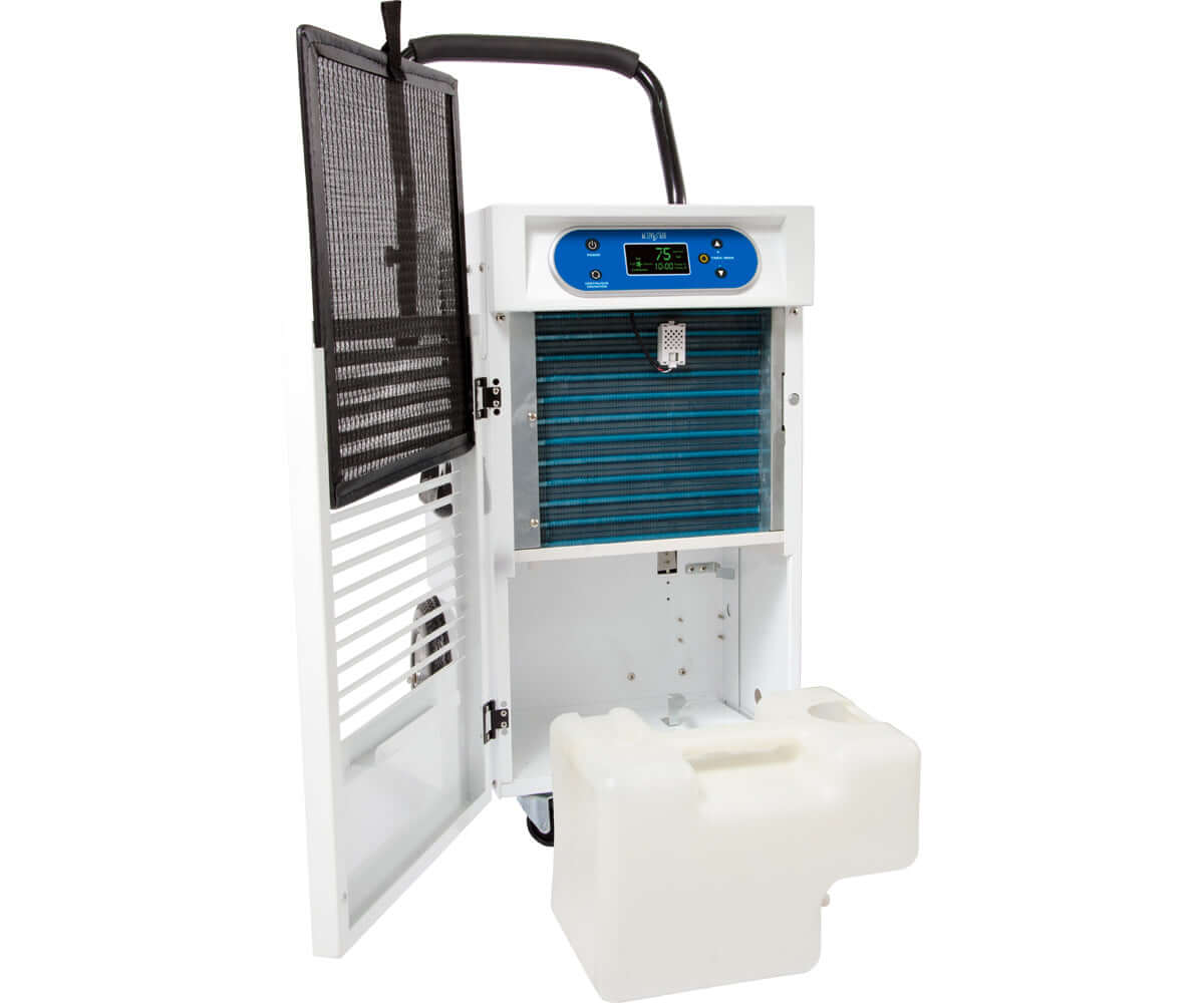 Active Air 110 Pint Dehumidifier with open front panel, showcasing evaporator coils and water collection tank.