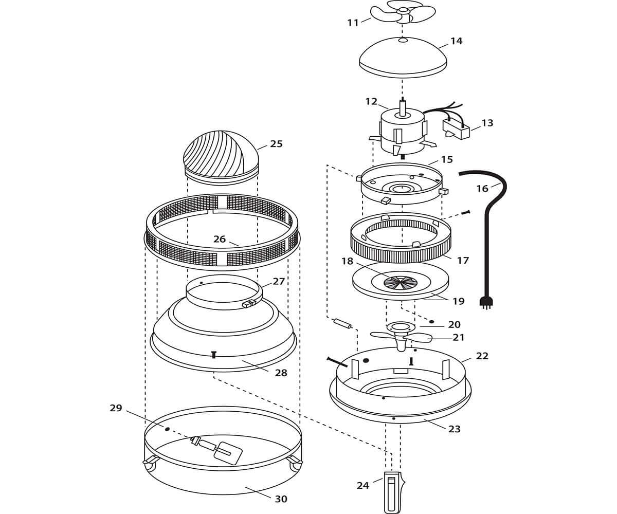 Exploded diagram of Active Air 200 PPD Humidifier parts for assembly and maintenance reference.