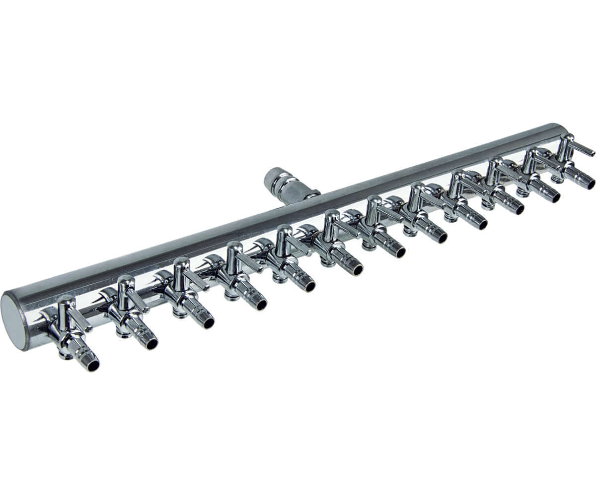 Chrome multi-outlet air pump divider with 12 ports for efficient air distribution in hydroponic systems.