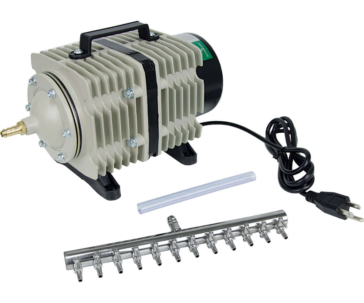 Active Aqua Commercial Air Pump with 12 outlets, durable aluminum case, and multi-outlet divider for efficient air distribution.