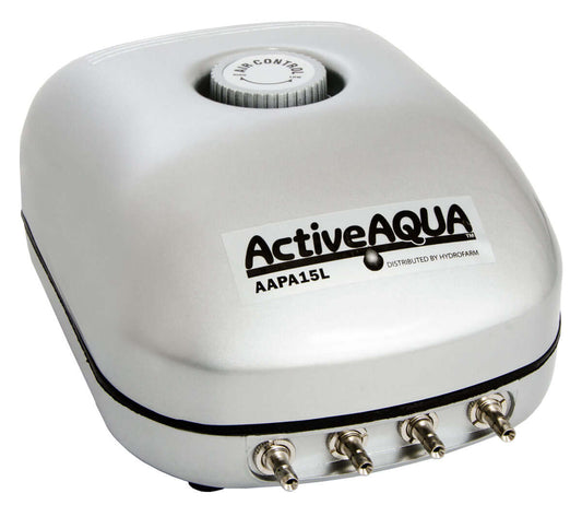 Active Aqua Air Pump with four outlets and adjustable airflow control, ideal for silent operation and efficient air circulation.