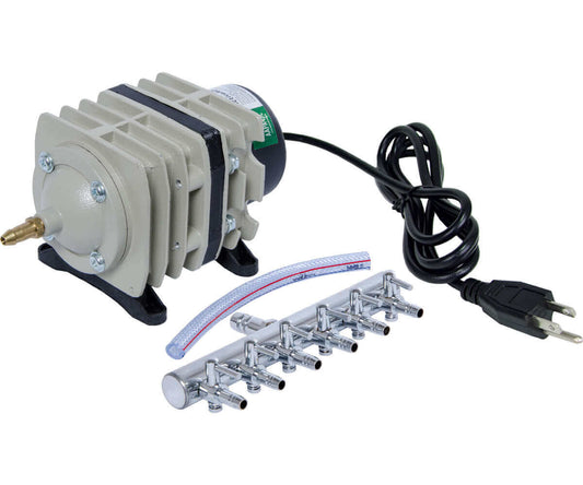 Active Aqua commercial air pump with 6 outlets, 20W power, aluminum case, and accessories for multiple air stones.