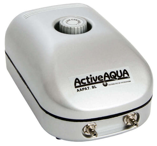 Active Aqua air pump with two outlets, adjustable airflow dial, super silent operation, 3W power consumption.