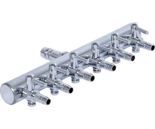 Adjustable 6-outlet air manifold made from durable copper and stainless steel for precise aeration control.